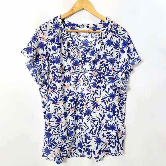 Liz Claiborne Womens Floral Flutter Sleeve Top Size 2XL V-Neck Office Mature - Picture 1 of 8